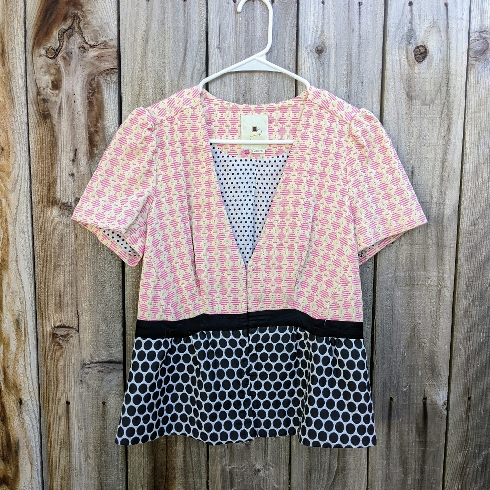 Anthropologie Elevenses Multi Print Blazer Blouse Pink Size 10